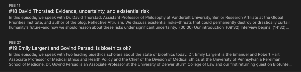 byrd_nick's tweet photo. The two most recent episodes of @BioUnethical with @DavidThorstad, @Emily_A_Largent, and @GovindPersad were very (very!) good.

Hosts @Leah_Pierson and @SophieHGibert may be doing reflective discussion better than anyone — outstanding stage setting, questioning, improvising, etc. https://t.co/La0eGqtiUh