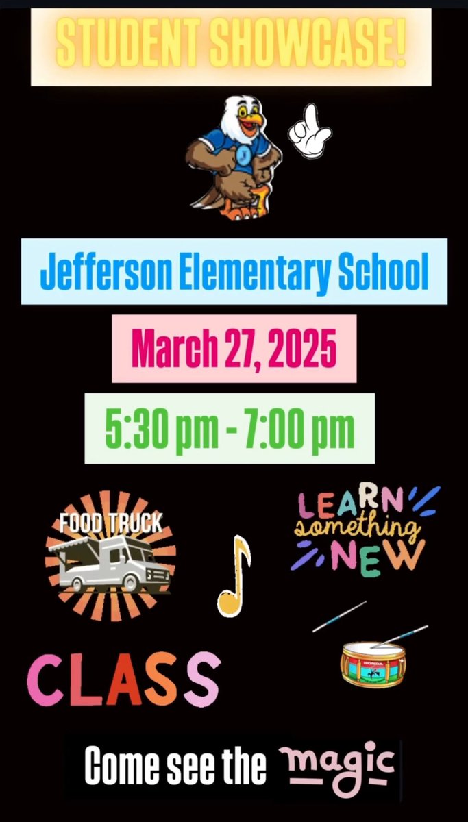 🔵STUDENT SHOWCASE🟡 

We are so excited about this event! Come witness the 💫MAGIC💫 and see what our students do each day! We will also have food trucks on campus so that families can enjoy dinner with friends! We can’t wait to see you!