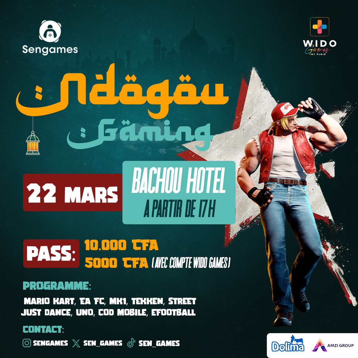 Sen_Games's tweet photo. Ndogou Gaming 2025  🎮🌙

Rejoignez-nous pour le rendez-vous incontournable du gaming et du partage au Sénégal avec @wido_tv et @Dolima_SN

Au programme : gaming, festin, fun 🥳

📅  Samedi 22 Mars 2025
📍 Hotel Bachou
🎟️ 10.000 CFA ou 5000f si vous avez un compte Wido Games ⬇️ https://t.co/UP1ZDQTSco