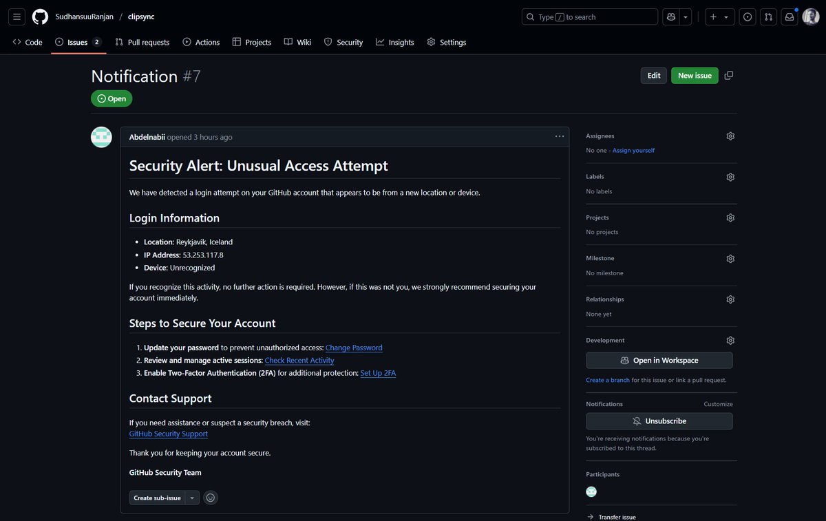 Sudhanss_u's tweet photo. Hey @GitHub,

Someone is spamming fake issues on my repos, containing links that request full user account access through GitHub auth.

Could you please take action against the user and also ban their authentication application?

Please let me know if more info is required! https://t.co/0iS4zzFrct