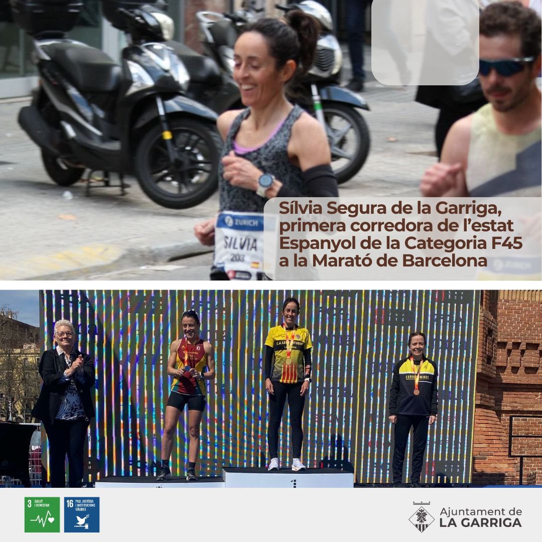 🥇Sílvia Segura de #laGarriga ha quedat primera corredora de l’estat Espanyol a la Marató de Barcelona, que s’ha disputat aquest matí a la capital catalana.

⏱️L’atleta garriguenca ha fet un temps de 2h47'35", récord personal.

👏🏻👏🏻👏🏻Enhorabona!!!