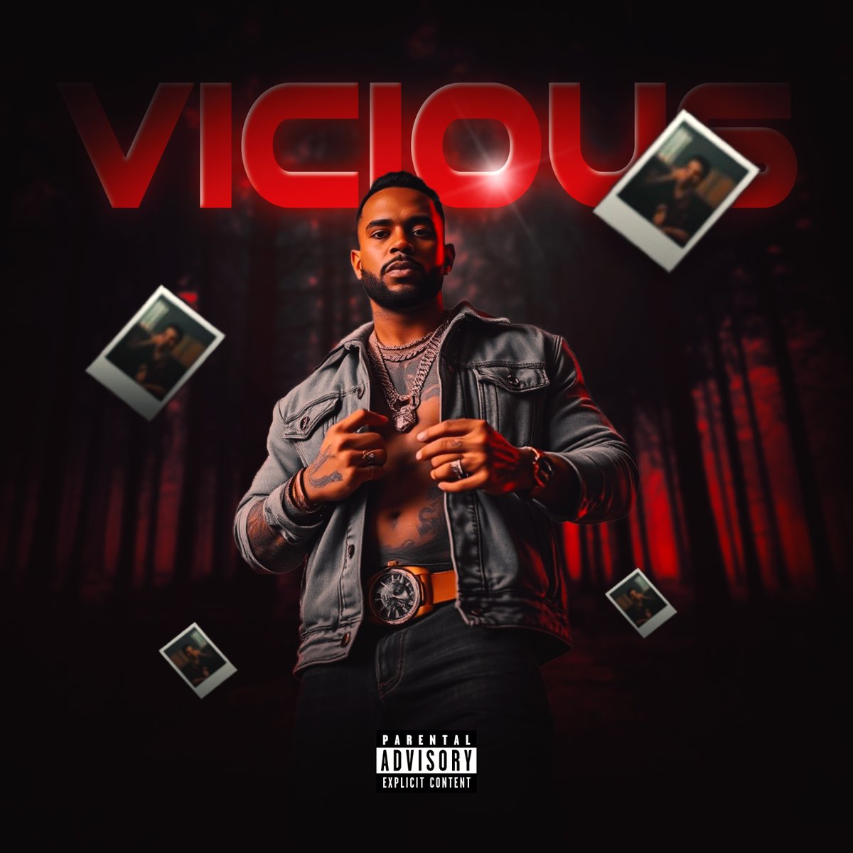 remaxisDSGN's tweet photo. "VICIOUS" Album Cover Design 🔥 A bold and intense trap cover with dark red tones, a mysterious forest backdrop, and floating Polaroids. The powerful stance and striking typography make it perfect for a hard-hitting project.  📷 Need a custom cover? DM for designs! 📷 https://t.co/W5IkeCHgPW