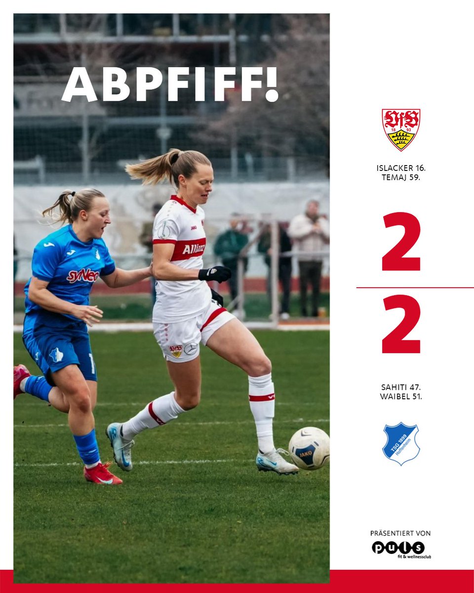 VfB_Frauen's tweet photo. ⏹️ Und dann ist Schluss. Wir teilen uns die Punkte mit der TSG Hoffenheim U20 in einem spannenden Fight vor rund 1.200 Zuschauern. Nach dem Doppelschlag der Gäste kurz nach Wiederanpfiff (47., 51.) erzielt Laureta #Temaj den Ausgleich per sehenswertem Freistoß (59.). ⚪🔴

VfB Stuttgart 🆚 TSG Hoffenheim U20 2:2
#VfBFrauen | #Regionalliga | #VfB | [Anzeige]
