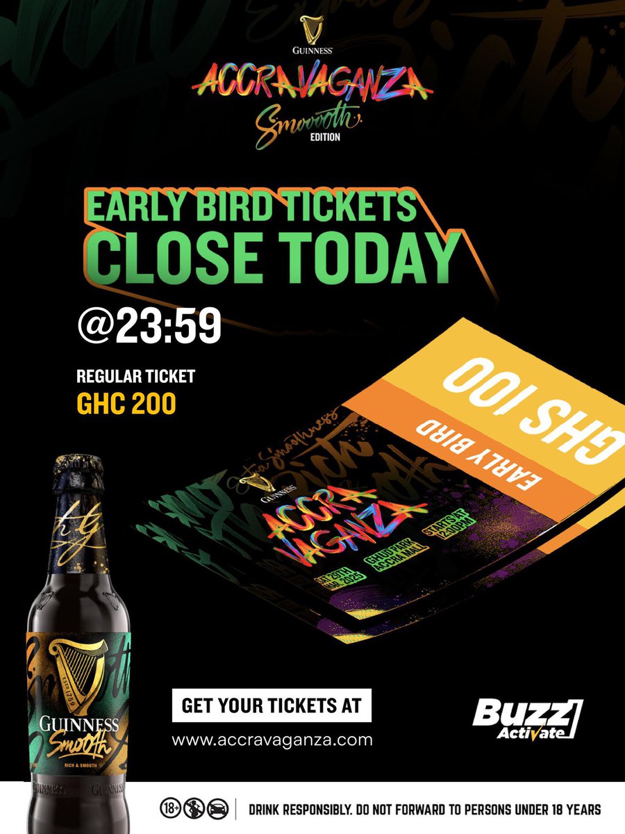 GhanaMusic's tweet photo. Don’t miss the opportunity!! 
Early Bird Tickets for the biggest Pop Culture  event in Ghana, Guinness AccraVaganza (@Accravaganza) close TONIGHT at 23:59 PM! 

Secure your spot now via https://t.co/xJq6IFqaXd #GuinnessAccraVaganza #SmooothEdition #GhanaMusic https://t.co/g2qWTagFqA