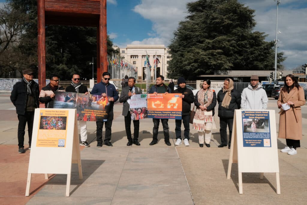 BREAKING: On March 13, 2025, GHRD protested at the UN Geneva against the persecution of minorities in Bangladesh.
 We demand
⚖ Justice &amp; accountability
🏛 A UN human rights office in Bangladesh
🆘 Release of detained activists
Silence is complicity! Act NOW.
#BangladeshStopHate