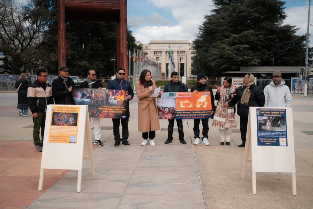 BdStopHate's tweet photo. BREAKING: On March 13, 2025, GHRD protested at the UN Geneva against the persecution of minorities in Bangladesh.
 We demand
⚖ Justice &amp; accountability
🏛 A UN human rights office in Bangladesh
🆘 Release of detained activists
Silence is complicity! Act NOW.
#BangladeshStopHate https://t.co/zI7n5Oq75i