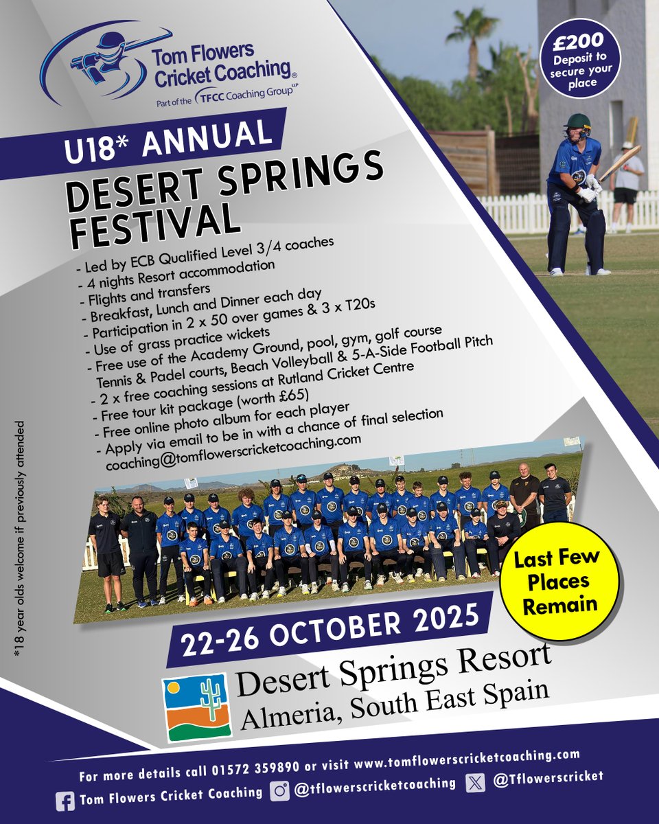Gain the invaluable experience of playing abroad in different conditions! 🌞🏏🇪🇸

Only a few spots left for the 2025 Desert Springs Tour! Register your interest now 👇

📲: tomflowerscricketcoaching.com/tfcc-desert-sp…

<a href="/DSCricketSpain/">DesertSpringsCricket</a> | <a href="/DesertSpringsES/">Desert Springs Spain</a> | <a href="/Bespoke_Cricket/">Bespoke Cricket ⚪⚫</a>