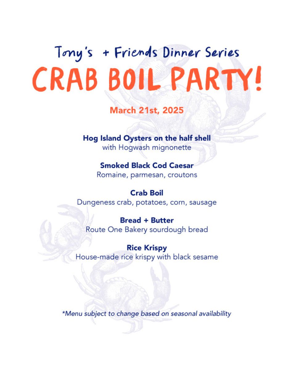 Crack crab and break bread with friends at our Tony's + Friends Crab Boil Fest this Friday the 21st! 🦀

WHERE: @tonysseafoodrestaurant
WHEN: Friday, March 21st. Reservations begin at 5:30PM
TICKETS: Include 3 courses + dessert and tip!

BOOK A TABLE: l8r.it/gTYP