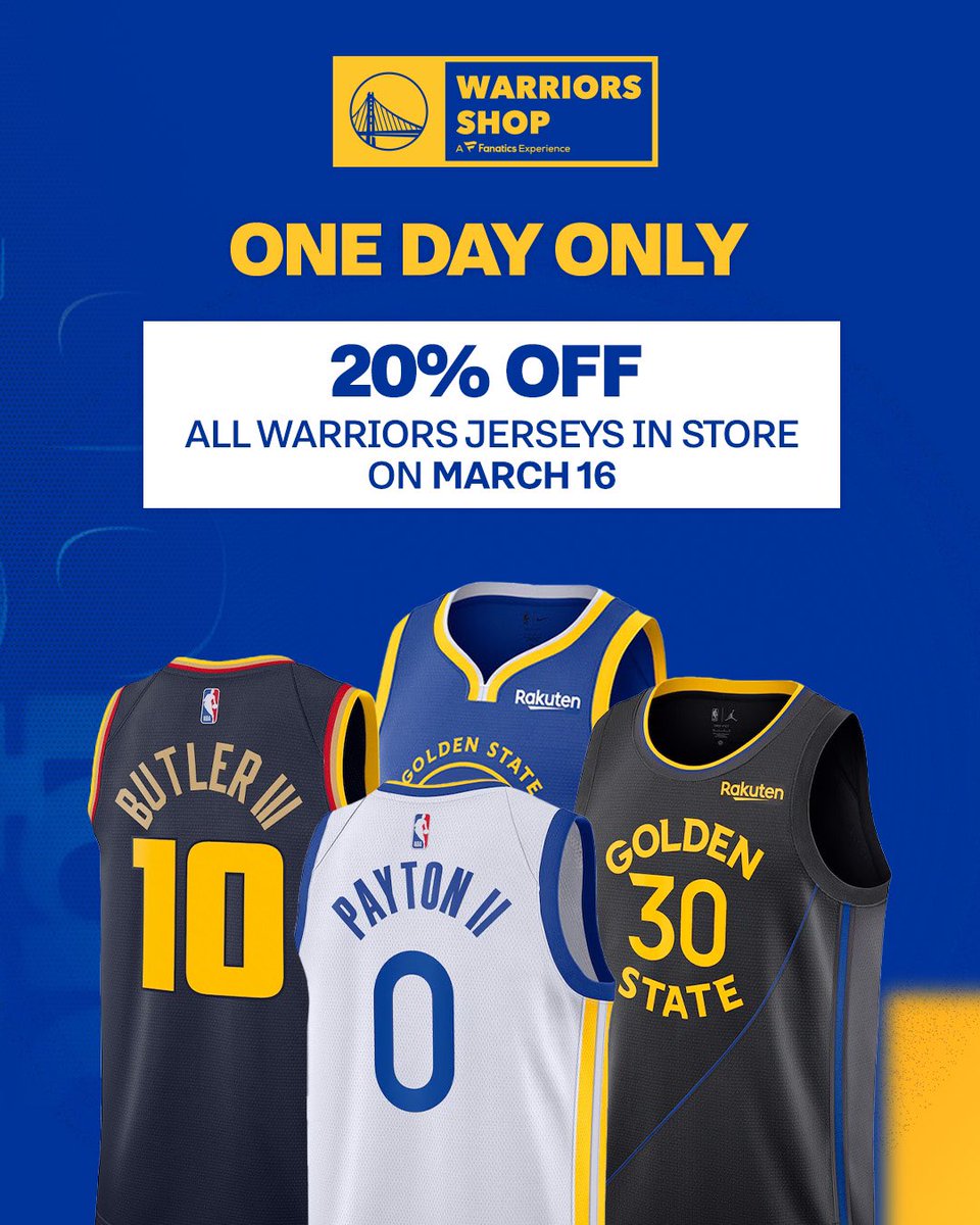 warriorsshop's tweet photo. TODAY ONLY!

20% off all jerseys in store at Warriors Shop at Thrive City ⚡️ https://t.co/8HWq9JYOHB