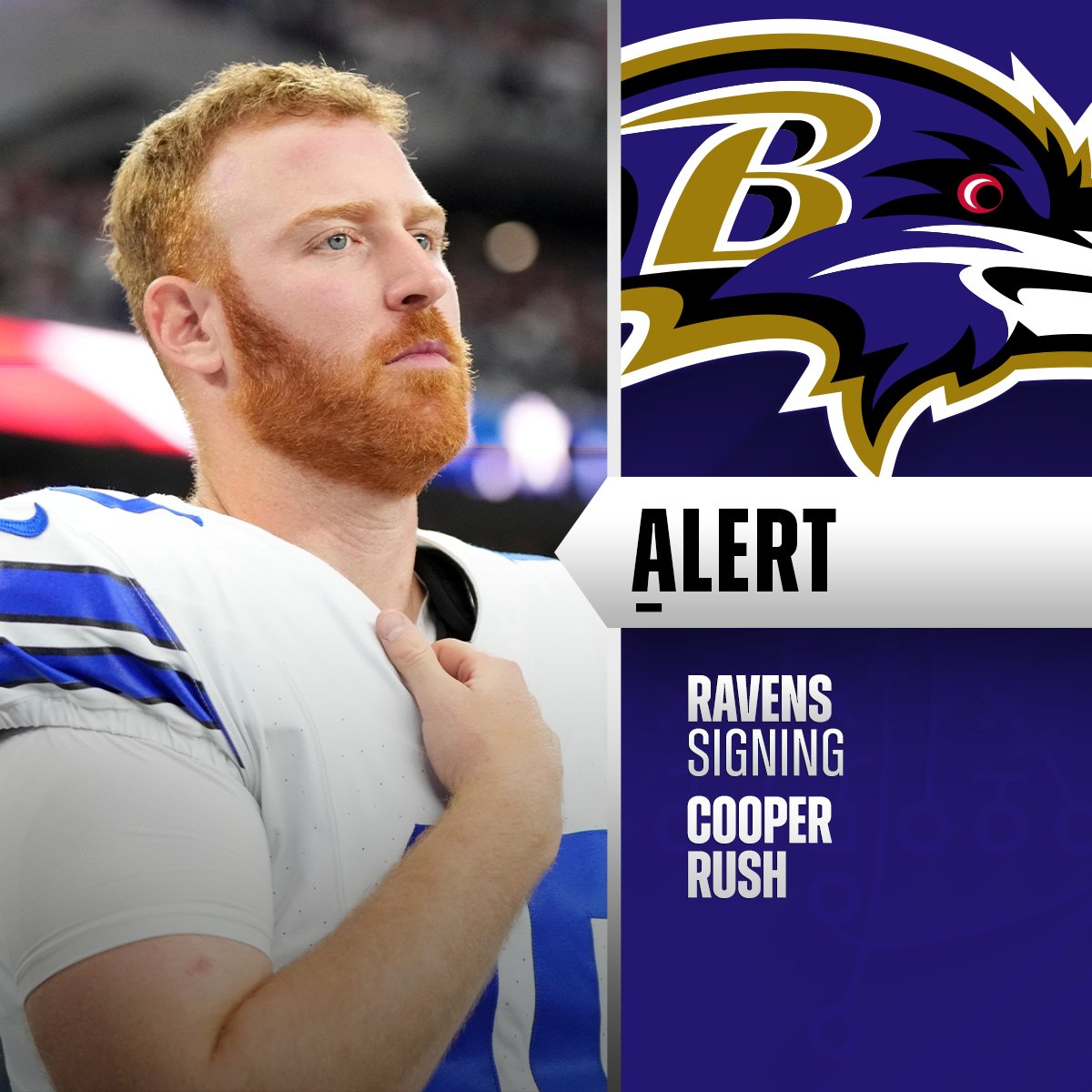 NFL's tweet image. Ravens, QB Cooper Rush agree to terms on a 2-year deal worth up to $12.2M. (via @rapsheet, @tompelissero)