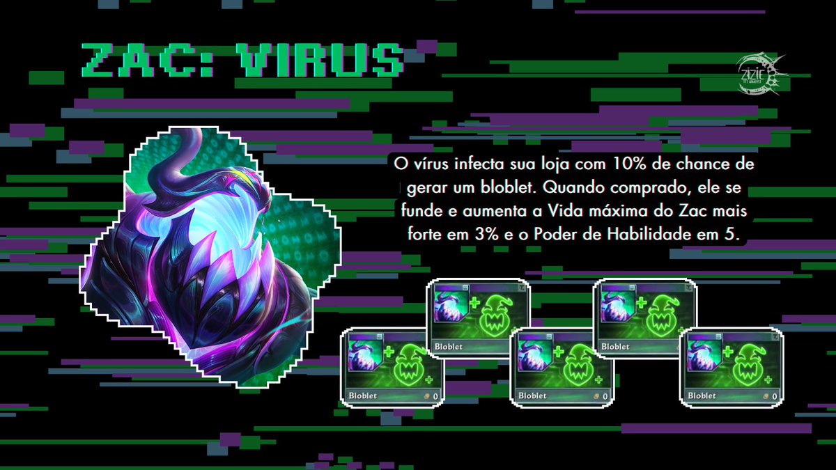 Zac: Zac infecta sua loja e faz surgir os bloblets, esse virus buff o Zac com vida e poder de habilidade