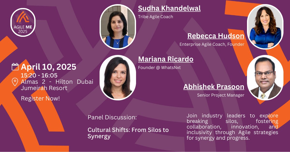 📢 Agenda Announcement - Panel at #AgileME2025! 🎤
Join top Agile leaders in a panel discussion on breaking silos &amp; fostering collaboration!
📅 April 10, 2025 | ⏰ 15:20 PM | 📍 Hilton Dubai
🔗 Register: bit.ly/AgileME2025

#FutureOfWork #AgileTransformation 🚀