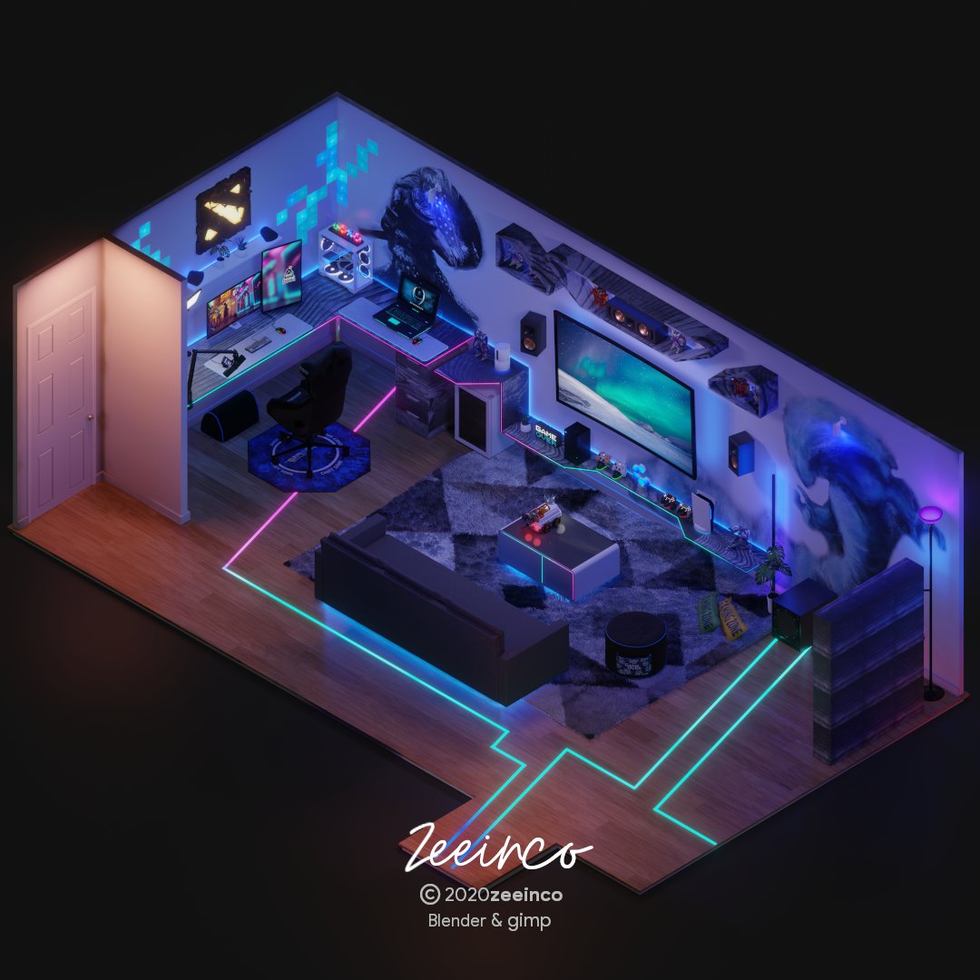 zeeinco's tweet photo. Last night, while designing this gaming room, I wanted to try a more concept with a mix of neon lighting and sci-fi elements. ✨🎮 At first, I wasn’t sure if the monster wall mural would fit, but after rendering, it actually made the vibe even cooler! 🔥 - read comment https://t.co/3C9H9jQrWs