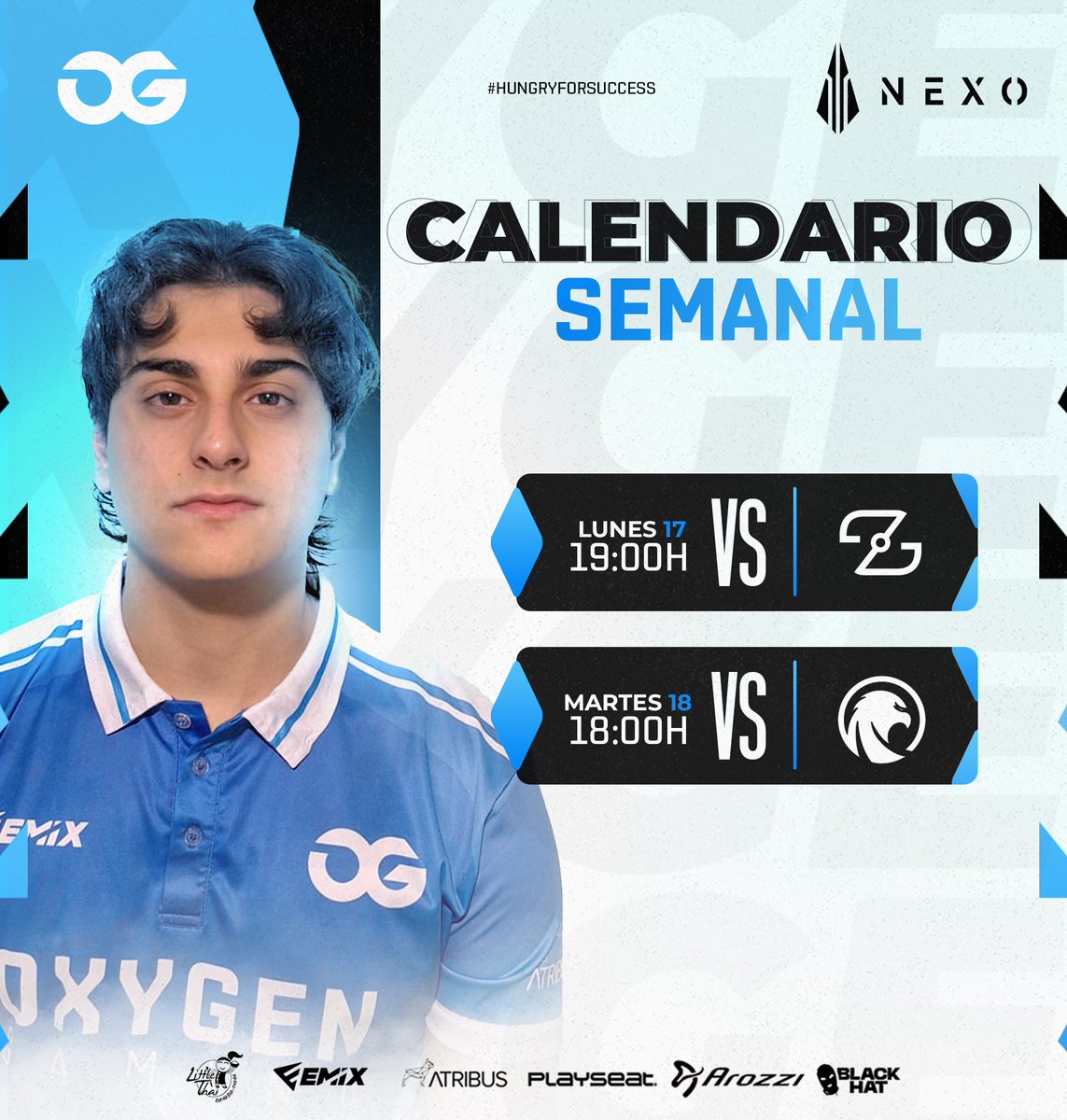 ¡Aquí tenemos el calendario de esta semanita en #LigaNexo! ✅ 

🆚 <a href="/COREBrandES/">CORE 128</a> | Lunes - 19:00h
🆚 <a href="/eQuizersEC/">eQuizers</a> | Martes - 18:00h

#HungryForSuccess