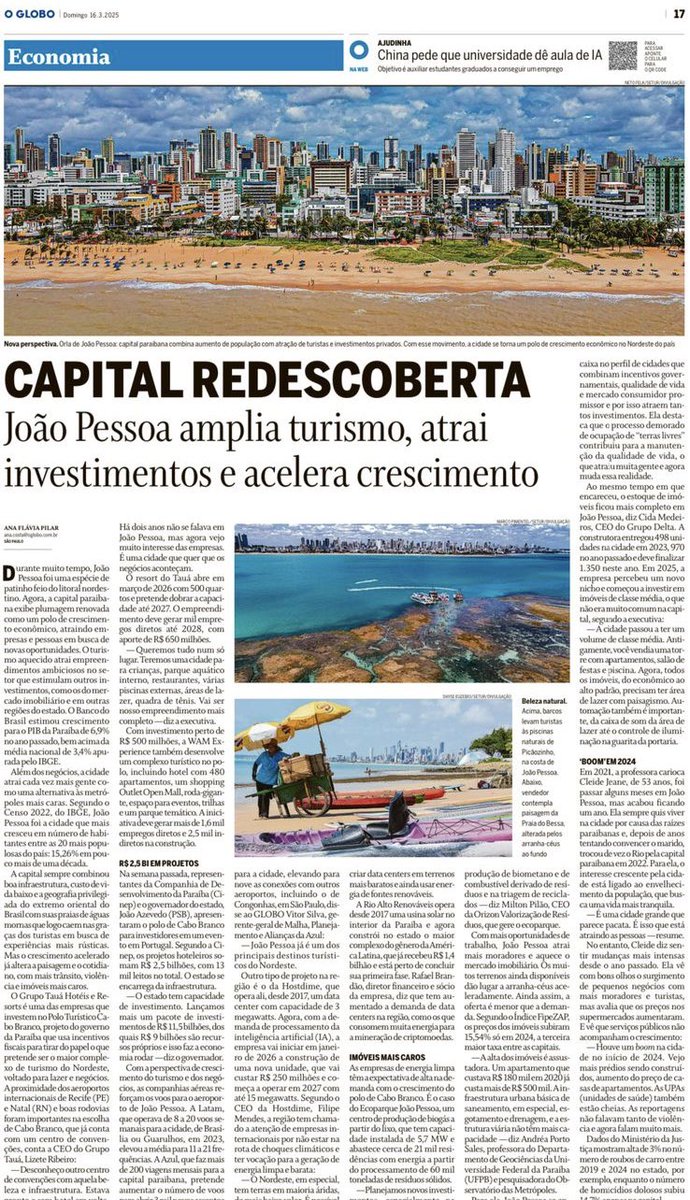 efraimfilho's tweet photo. ☀️ Nossa #JoãoPessoa mereceu matéria de página inteira no jornal O Globo deste domingo. 

Estão descortinando para o resto do país o que nós, #paraibanos, sabemos desde sempre: melhor lugar para viver e morar não há. 🏝️🌊😎 https://t.co/4NzqMedMpd
