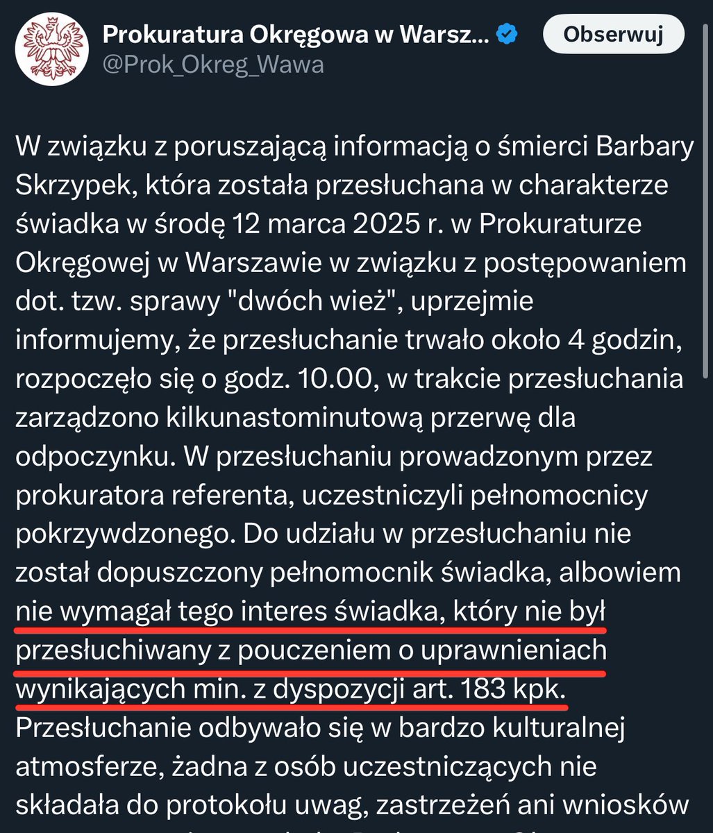 🇵🇱 Paweł Jabłoński (@paweljablonski_) on Twitter photo We wczorajszym oświadczeniu Prokuratury jest coś, na co mało kto zwrócił uwagę.
A to dość ważny sygnał, że przy przesłuchaniu mogło dojść do PRZESTĘPSTWA popełnionego przez prowadzącą je prokurator <a href="/e_wrzosek/">e-wrzosek #FBPE🇪🇺🇵🇱🏳️🌈#FundamentalRights</a>.
👉 W oświadczeniu znalazło się bowiem kategoryczne stwierdzenie, że We wczorajszym oświadczeniu Prokuratury jest coś, na co mało kto zwrócił uwagę.
A to dość ważny sygnał, że przy przesłuchaniu mogło dojść do PRZESTĘPSTWA popełnionego przez prowadzącą je prokurator <a href="/e_wrzosek/">e-wrzosek #FBPE🇪🇺🇵🇱🏳️🌈#FundamentalRights</a>.
👉 W oświadczeniu znalazło się bowiem kategoryczne stwierdzenie, że