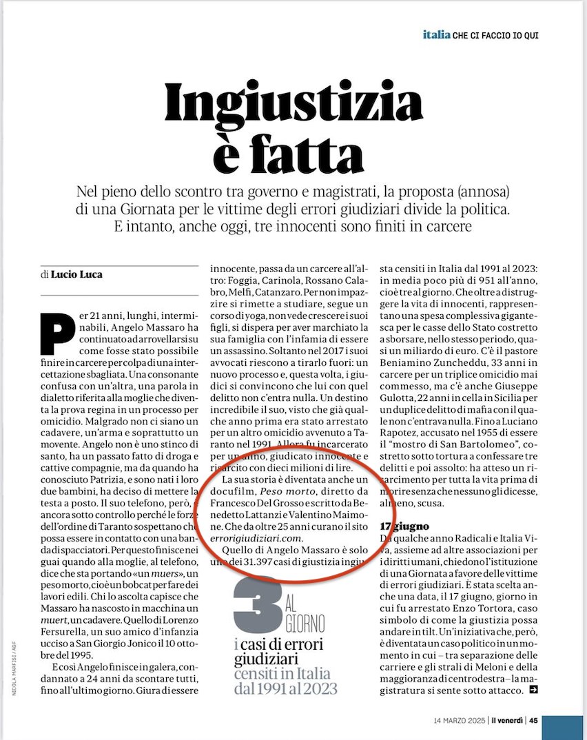 Errorigiudiziar's tweet photo. Per parlare di errori giudiziari, @ilvenerdi di @repubblica (che ringraziamo) cita abbondantemente il nostro lavoro con https://t.co/WqWIKkI1Si: dal docufilm "Peso morto" su Angelo Massaro ai dati sugli innocenti in manette, fino ai casi di Beniamino Zuncheddu e Giuseppe Gulotta. https://t.co/NptUtgcRrA