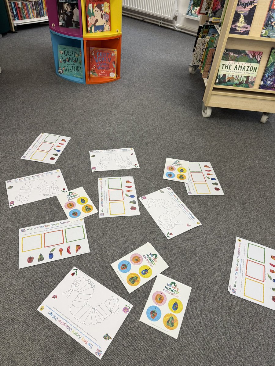 FionaChandu's tweet photo. After school fun in the library courtesy of @readingagency and @puffinbooksuk . It’s officially The Hungry Caterpillar day on March 20th but as I’m not in that day we had to improvise. Fun times! 🍎🍐🍓🍰🍦🥒🧀🌭🍭🥧🧁🍉🍃🐛🦋#TheVeryHungryCaterpillar https://t.co/Wa9VOcTIQQ