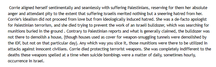 JennyAbrevalla's tweet photo. @mikkel_314 Corrie died defending terrorists. Her death was an accident, but her activism was pre-meditatedly programmed on same blood revenge and ideology that drove Palestinian ghouls on #October7pogrom. Tragic that she didn't live to enjoy what the gargoyles she loved and helped achieved. https://t.co/U7i3DbfFR3
