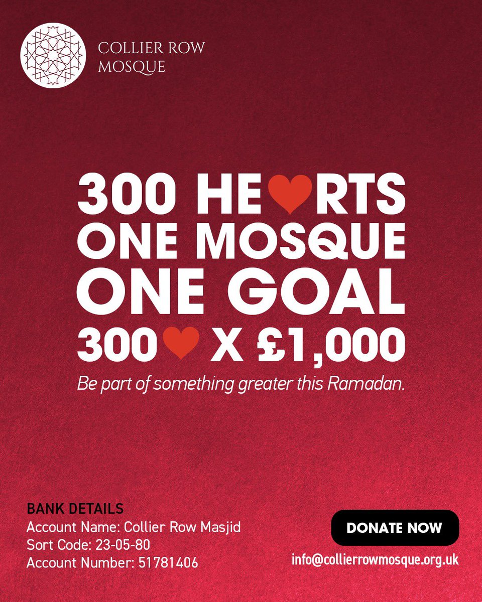 CollierRowMosq's tweet image. The Last 10 Nights – A Golden Opportunity to Give!

Are there 300 people in Collier Row and beyond who can step forward and donate £1,000 for the masjid?

Can’t give it all at once? Pledge just £50 a month for 20 months and be part of something truly special.

Sign up now:…