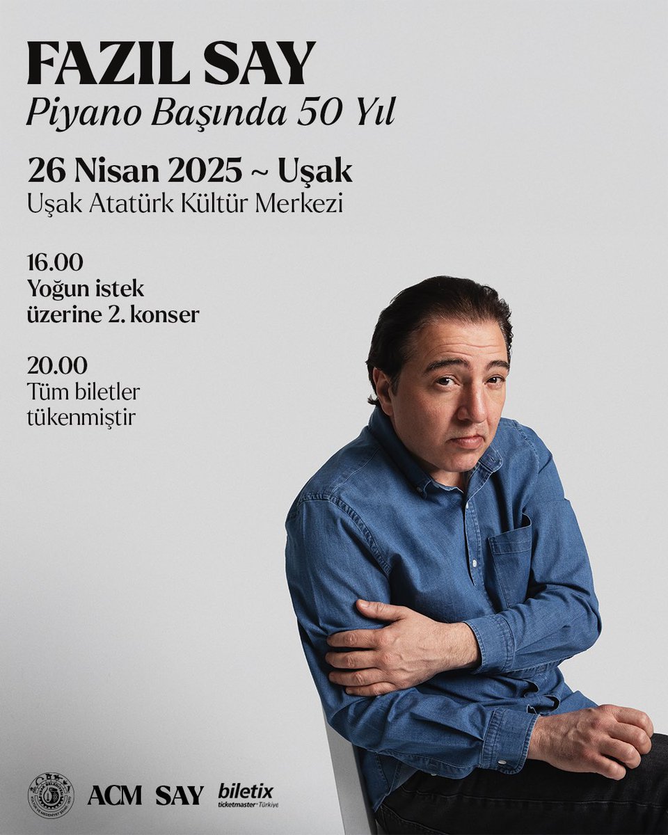 Fazıl Say (@fazilsaymusic) on Twitter photo Sevgili Uşak, buluşmak üzere.
Yoğun istek üzerine 2 konser.
“Piyano başında 50 Yıl”
Biletix linki biletix.com/performance/4U…
@fazilsayofficial <a href="/erman_karakayaa/">erman_karakayaa</a> Sevgili Uşak, buluşmak üzere.
Yoğun istek üzerine 2 konser.
“Piyano başında 50 Yıl”
Biletix linki biletix.com/performance/4U…
@fazilsayofficial <a href="/erman_karakayaa/">erman_karakayaa</a>