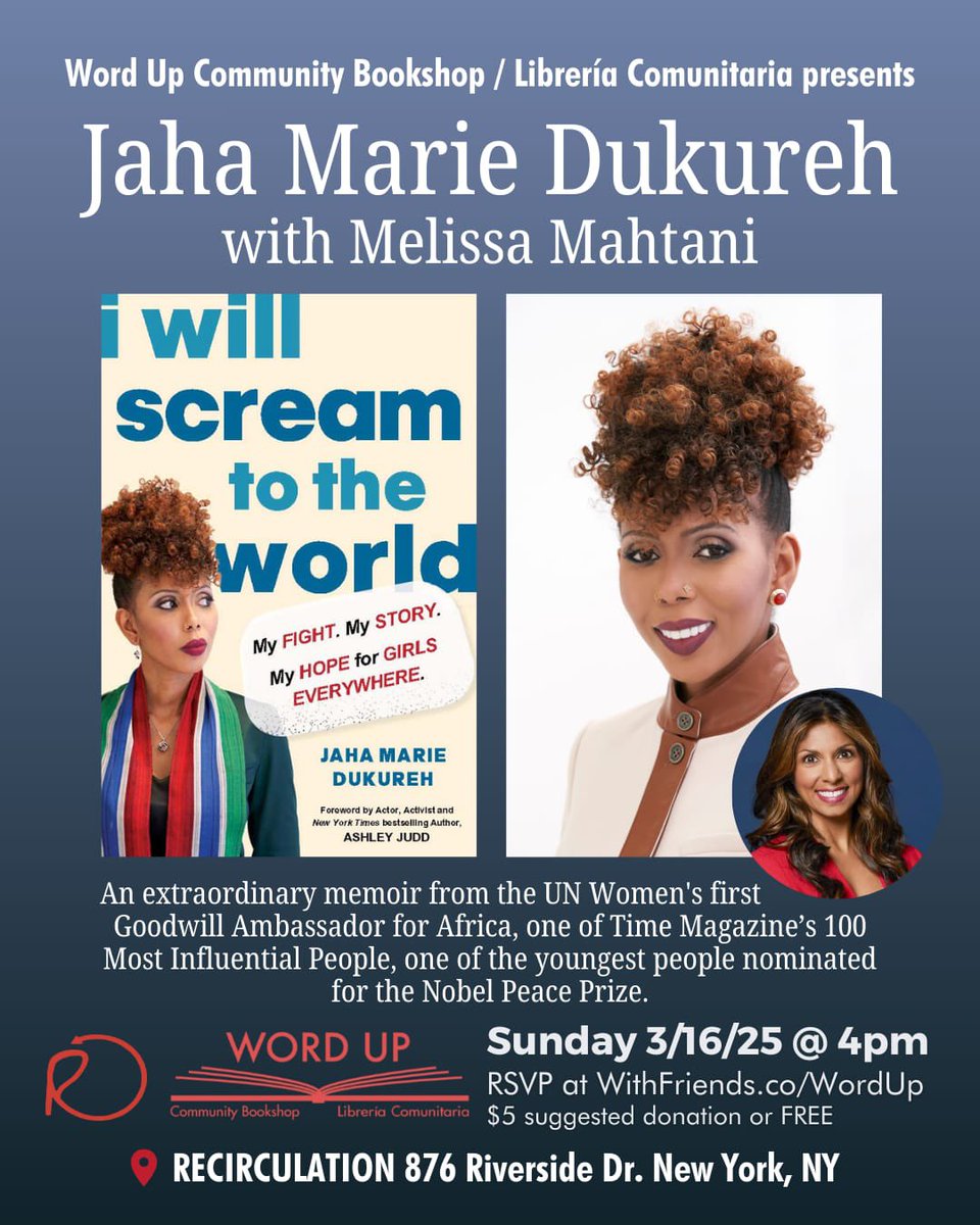 Jaha Marie Dukureh (@jahaendfgm) on Twitter photo If you are in New York today, please join us at <a href="/WordUpBooks/">Word Up Community Bookshop/ Librería Comunitaria</a> at 4pm with the amazing <a href="/melissamahtani/">Melissa Mahtani</a> #CSW #NYC If you are in New York today, please join us at <a href="/WordUpBooks/">Word Up Community Bookshop/ Librería Comunitaria</a> at 4pm with the amazing <a href="/melissamahtani/">Melissa Mahtani</a> #CSW #NYC