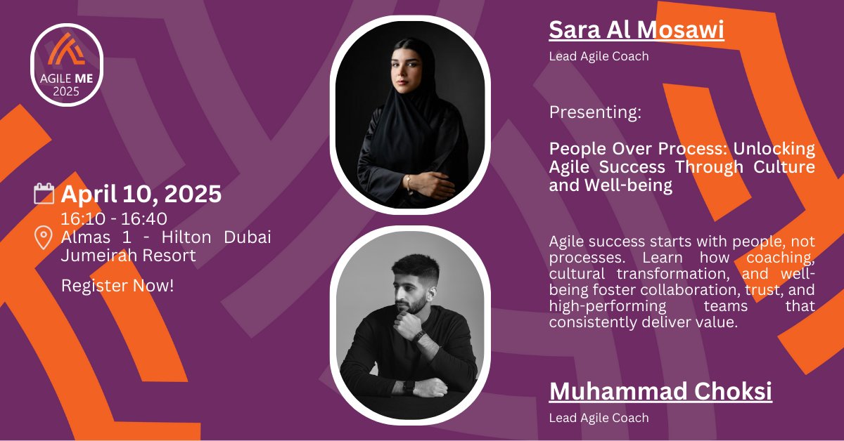 📢 Agenda Announcement - Speaker at #AgileME2025! 🎤
Join Sara Al Mosawi &amp; Muhammad Choksi in a session on Agile culture &amp; well-being—unlock success by focusing on people, not processes!
📅 April 10, 2025 | ⏰ 16:10 PM | 📍 Hilton Dubai
🔗 Register: bit.ly/AgileME2025
