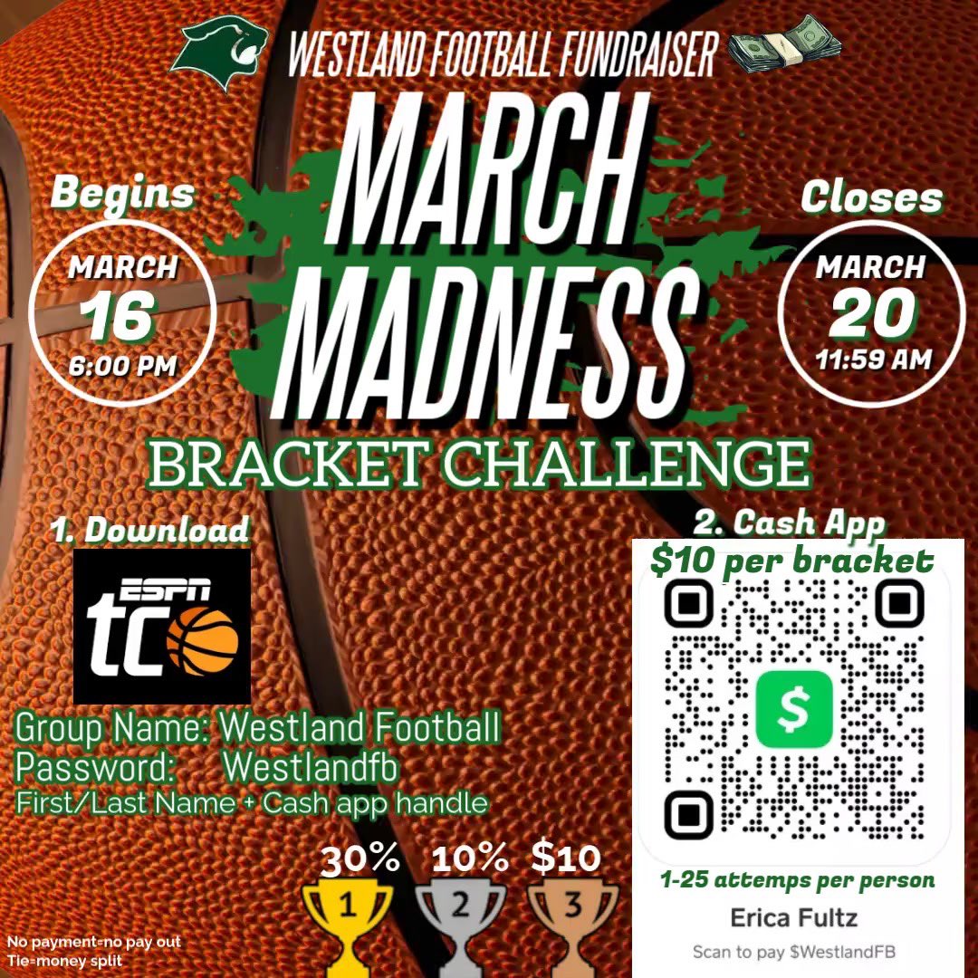 WestlandFB's tweet photo. Opens today after brackets are released!!! Support Westland football and win some money!!! 1-25 entries $10 per entry. https://t.co/3GDFvmDXqn
