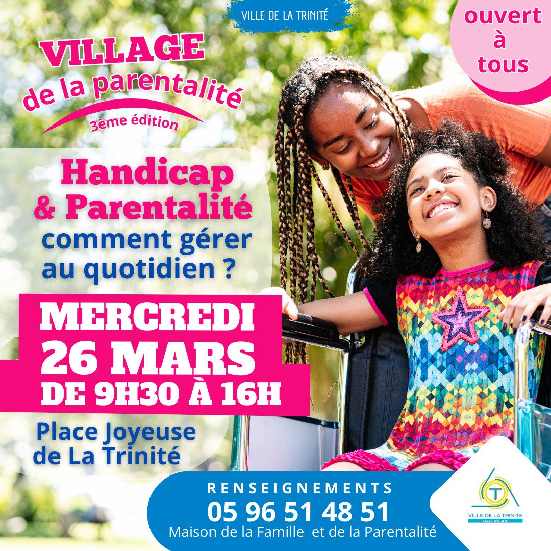 « 𝐇𝐚𝐧𝐝𝐢𝐜𝐚𝐩 𝐞𝐭 𝐏𝐚𝐫𝐞𝐧𝐭𝐚𝐥𝐢𝐭𝐞́, 𝐜𝐨𝐦𝐦𝐞𝐧𝐭 𝐠𝐞́𝐫𝐞𝐫 𝐚𝐮 𝐪𝐮𝐨𝐭𝐢𝐝𝐢𝐞𝐧 ? ». 🤔
➡️ Rdv sur le Village de la Parentalité qui s’installera avec de nombreux acteurs et partenaires 
👉🏾 Mercredi 26 Mars,
🕰️ de 9h30 à 16h,
📍sur la Place Joyeuse