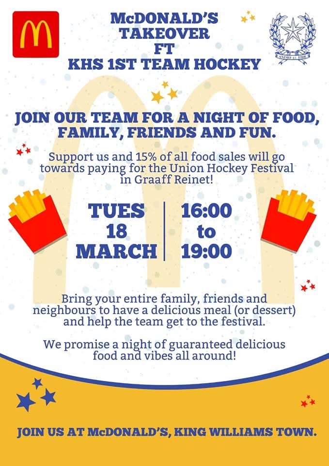 luuvo_'s tweet photo. If you're in King this week, please pop by McDonald's on Tuesday from 16:00 to 19:00 for a meal. The KHS 1st Team Hockey will be working to raise funds for their upcoming tournament. It will be a vibe. No delivery or drive thru. 💙🏑🍟 https://t.co/6eCdA9qsrj