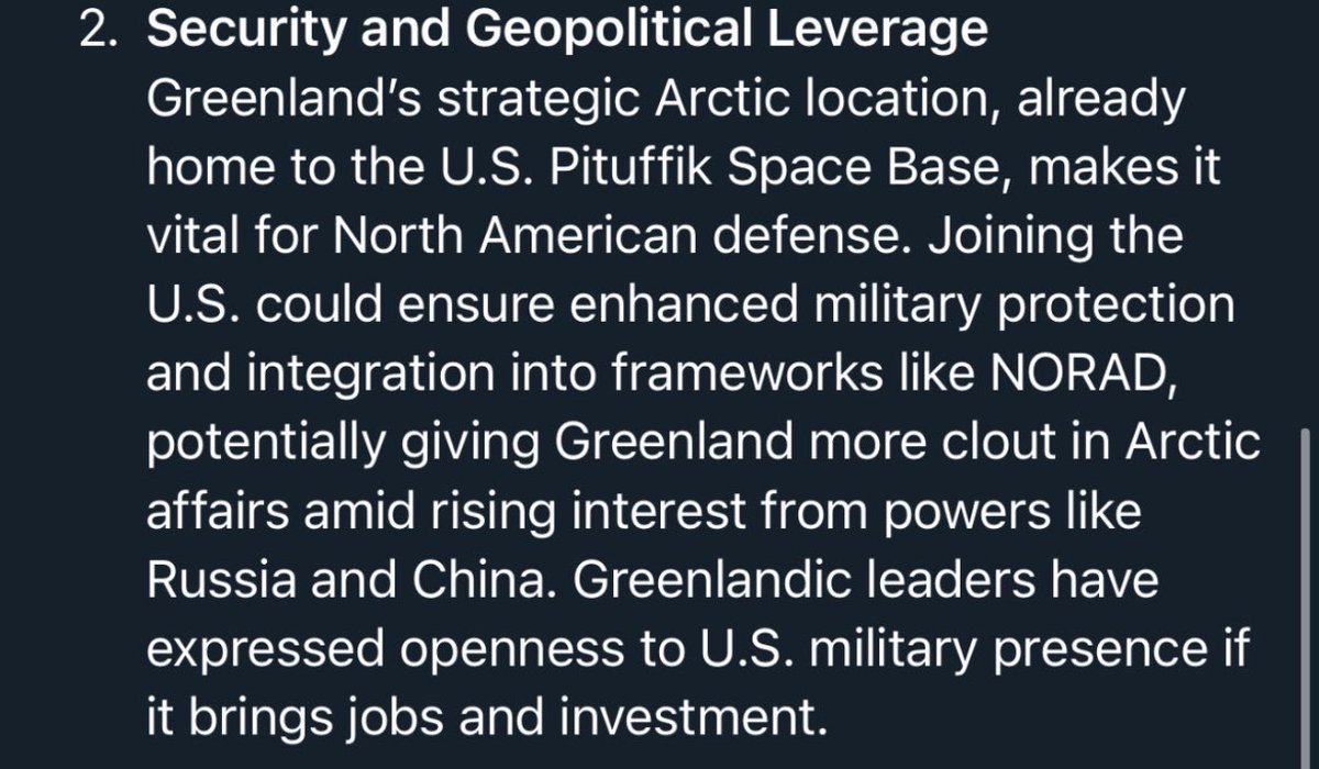 PBidstrup90's tweet photo. Potential benefits if Greenland joins USA in a great partnership from a neutral standpoint (Asking AI)

Remember, Greenland has the highest suicide rate in the world and infrastructure is really bad. I live in Greenland, Nuuk, and I experience it first hand. https://t.co/SZ0TC6gnGe