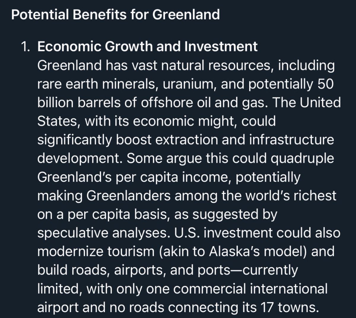 PBidstrup90's tweet photo. Potential benefits if Greenland joins USA in a great partnership from a neutral standpoint (Asking AI)

Remember, Greenland has the highest suicide rate in the world and infrastructure is really bad. I live in Greenland, Nuuk, and I experience it first hand. https://t.co/SZ0TC6gnGe