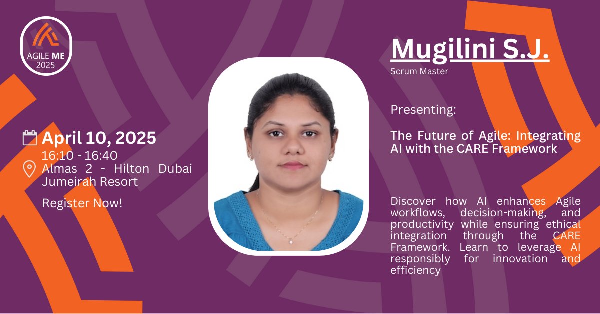 📢 Agenda Announcement - Speaker at #AgileME2025! 🎤
Join Mugilini S.J. to explore AI in Agile workflows &amp; ethical CARE Framework integration!
📅 April 10, 2025 | ⏰ 16:10 PM | 📍 Hilton Dubai
🔗 Register: bit.ly/AgileME2025

#FutureOfWork #AIandAgile 🚀