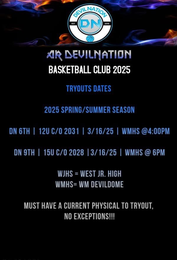 Arkansas DevilNation (@ardevilnation) on Twitter photo ::Reminder::
DN TRYOUTS TODAY!!!
SUNDAY 3/16/24
DN12u/6th grade will tryout @ 4pm at WMHS
DN15u/9th grade will tryout @ 6pm at WMHS
Please be on time and make sure that you have a current physical if you did not play school sports. ::Reminder::
DN TRYOUTS TODAY!!!
SUNDAY 3/16/24
DN12u/6th grade will tryout @ 4pm at WMHS
DN15u/9th grade will tryout @ 6pm at WMHS
Please be on time and make sure that you have a current physical if you did not play school sports.