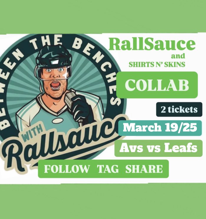 snspressplay's tweet photo. RallSauce and SNS have teamed up once again for another free ticket giveaway⬇️

Colorado Avalanche vs. Toronto Maple Leafs🚨

March 19, 2025 in Toronto, ON

Check out @rallsauce on IG for details!

#shirtsnskins #sns #pressplay
#rallsauce #betweenthebencheswithrallsauce https://t.co/VjMSdrxhR8