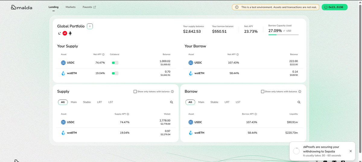 alok969's tweet photo. Just Completed Testing Malda Testnet,Clean and Straight Forward UI and Easy To Interact,Everything Is Good But The Transaction Notifications Neither disappear automatically nor they complete, which is kinda annoying. @malda_xyz https://t.co/vw7ZiwQICF