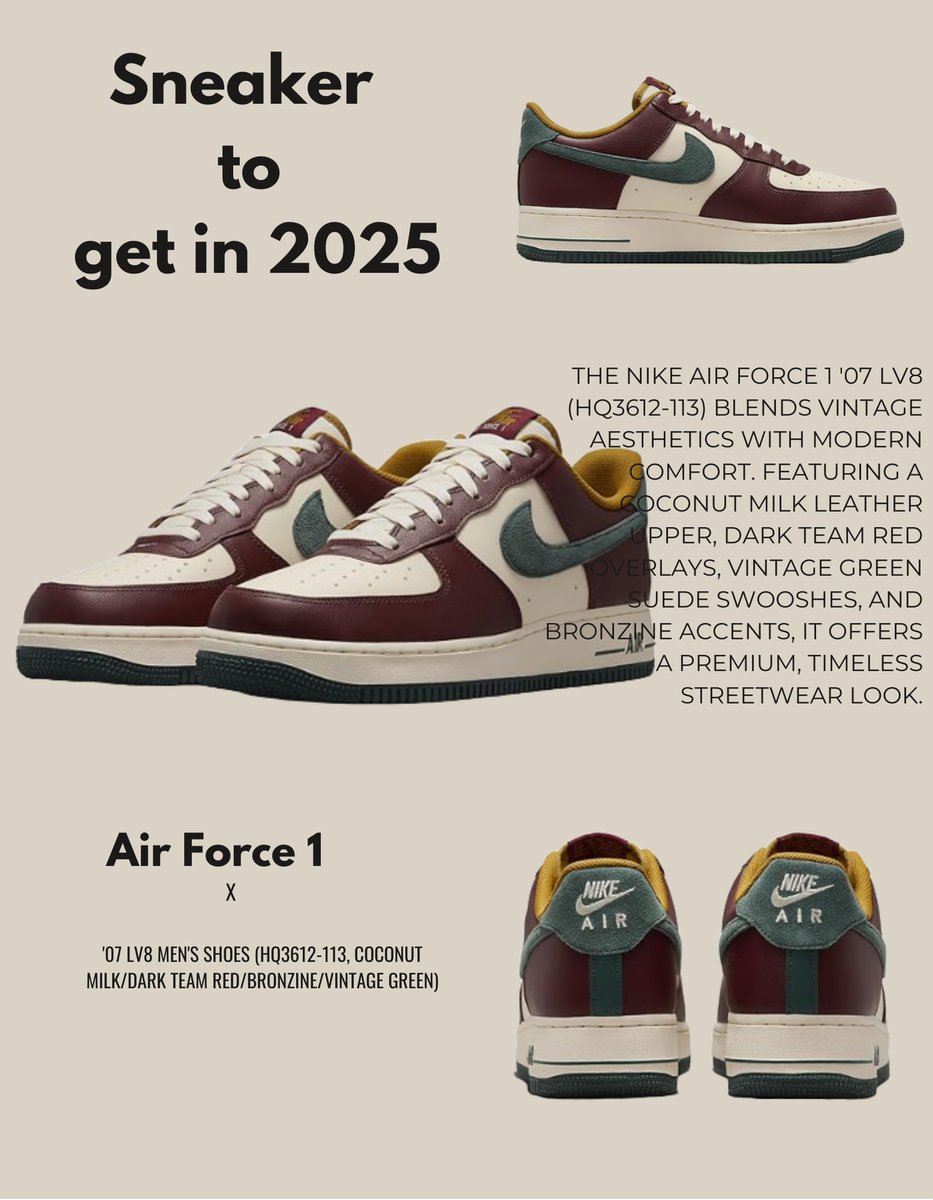 LegacyAirForce's tweet photo. Nike Air Force 1 '07 LV8 Men's Shoes (HQ3612-113, Coconut Milk/Dark Team Red/Bronzine/Vintage Green)| Limited Stock

🛒 Shop now: https://t.co/TCnVKnytC5

#NikeAirForce1
#AF1LV8
#SneakerHeadsUSA
#NikeSneakersUSA
#StreetwearUSA
#Kickstagram
#SneakerCulture https://t.co/eaJe5xnein