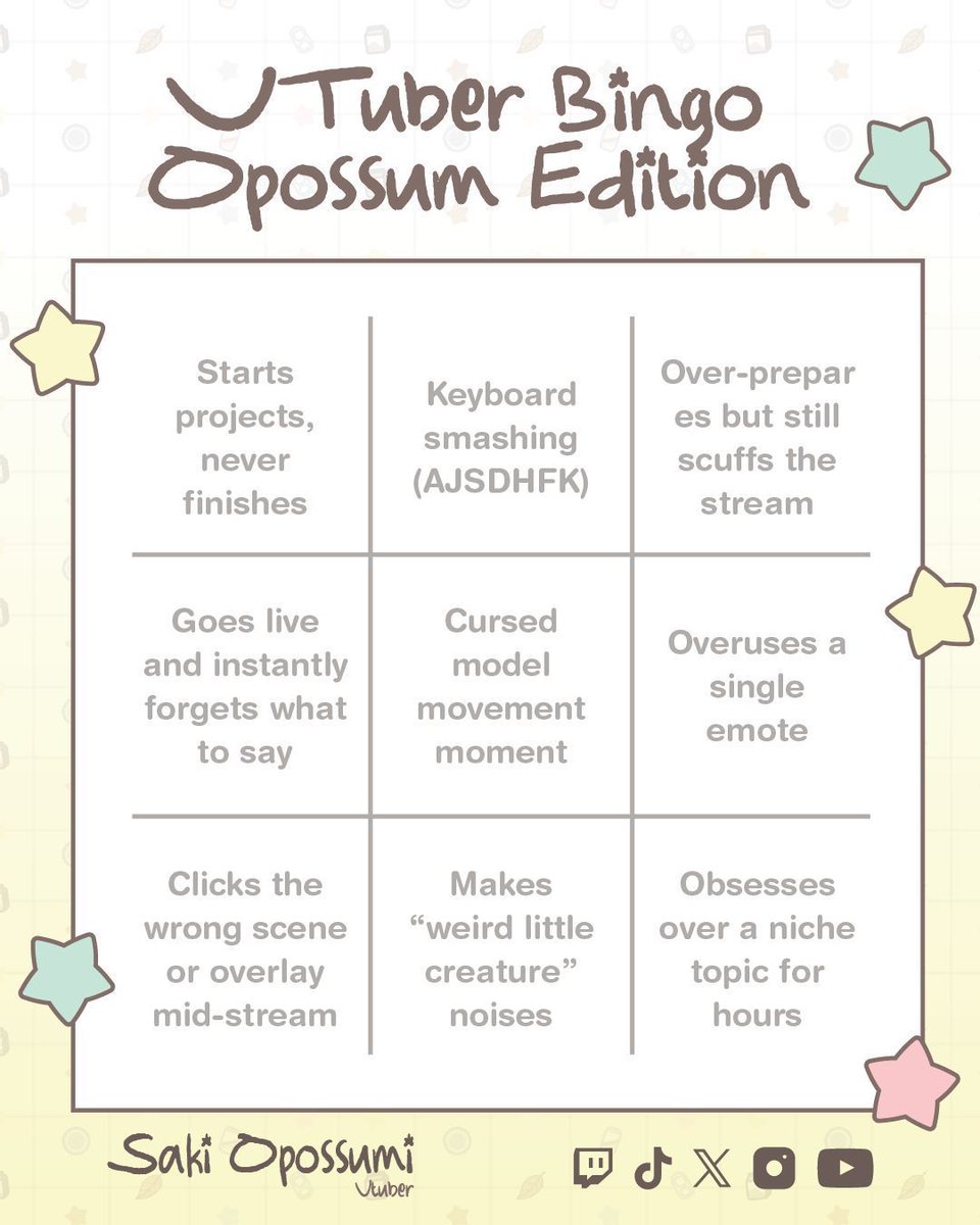 SakiOpossumi's tweet photo. I love making these templates β¨ π
What would you put on a Vtuber Bingo Card?π
#VTuber #GamingCommunity #Vtubertemplate https://t.co/cvRfUmFr97