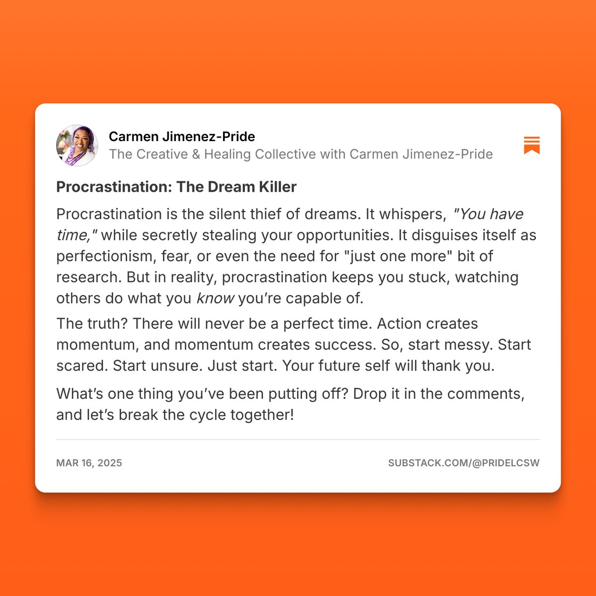 PrideLCSW's tweet photo. Procrastination: The Dream Killer

Let's chat.... 

https://t.co/meloFfWPYY https://t.co/bqxZd6PYhA