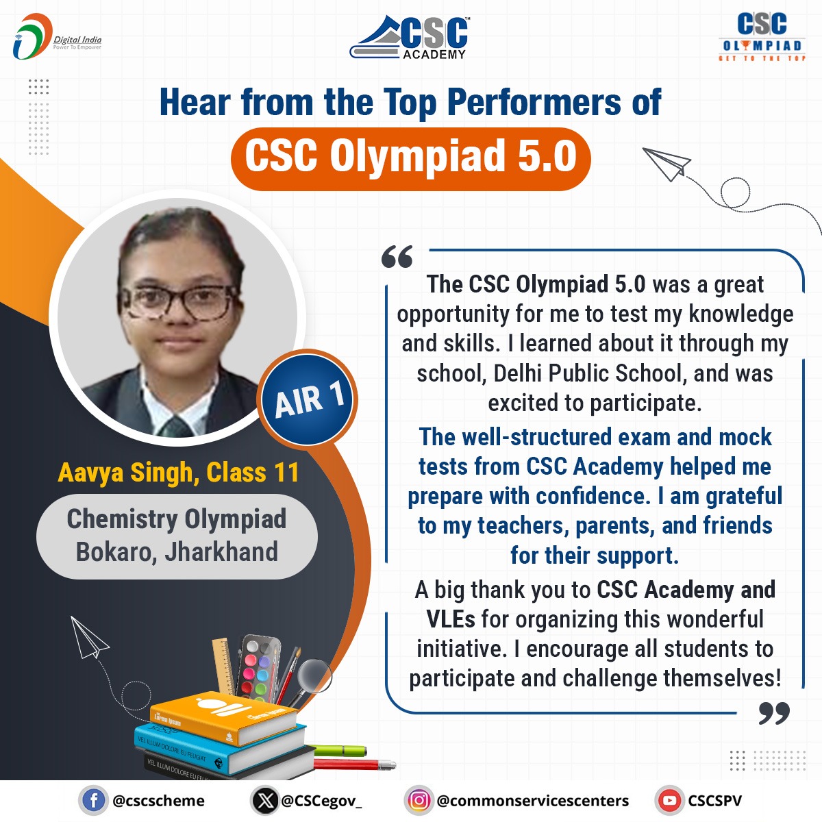 CSC Olympiad 5.0 has concluded, and the results are here!

Check your scores now: cscolympiad.org

Hear from the Champions of CSC Olympiad 5.0...

For queries, email us at olympiad@cscacademy.org

#CSC #CSCOlympiad #DigitalIndia #Olympiad #CSCAcademy #DigitalInclusion