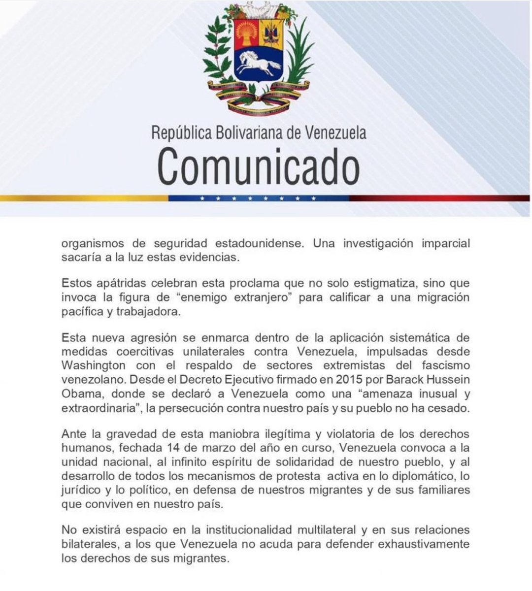 madeleintlSUR's tweet photo. #URGENTE #PorSiNoLoViste

 Este es el comunicado del Gobierno de Venezuela donde rechaza contundentemente la aplicación  de la ley de Enemigos Extranjeros a los migrantes venezolanos. 

238 fueron trasladados desde EEUU a la cárcel de máxima seguridad de El Salvador y los vinculan con el inexistente Tren de Aragua. 

En los primeros 3 aviones que llegaron de EEUU a Venezuela no había ninguno de los migrantes, ni con antecedentes del Tren de Aragua, ni tampoco penales, solo 15 tenían alguna cuenta con la justicia. 

En clave lo que dijo la cancillería:

1. Invoca a la CELAC para hacer respetar el derecho internacional y los derechos humanos. 

2. Venezuela acudirá a todos los organismos multilaterales para denunciar esta atrocidad que crea un precedente peligroso contra los migrantes de cualquier nacionalidad. 

3. Los migrantes venezolanos fueron utilizados políticamente por la ultra derecha venezolana. María Corina Machado los citó una y otra vez como parte de la campaña presidencial de Edmundo González, prometiendo que los iba a unir con sus familias.