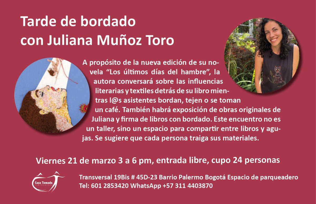 Los invitamos a una tarde de bordado y lectura con <a href="/Julianadelaurel/">Juliana Muñoz Toro</a> <a href="/PlanetaLibrosCo/">Planeta de Libros Colombia 🇨🇴</a>