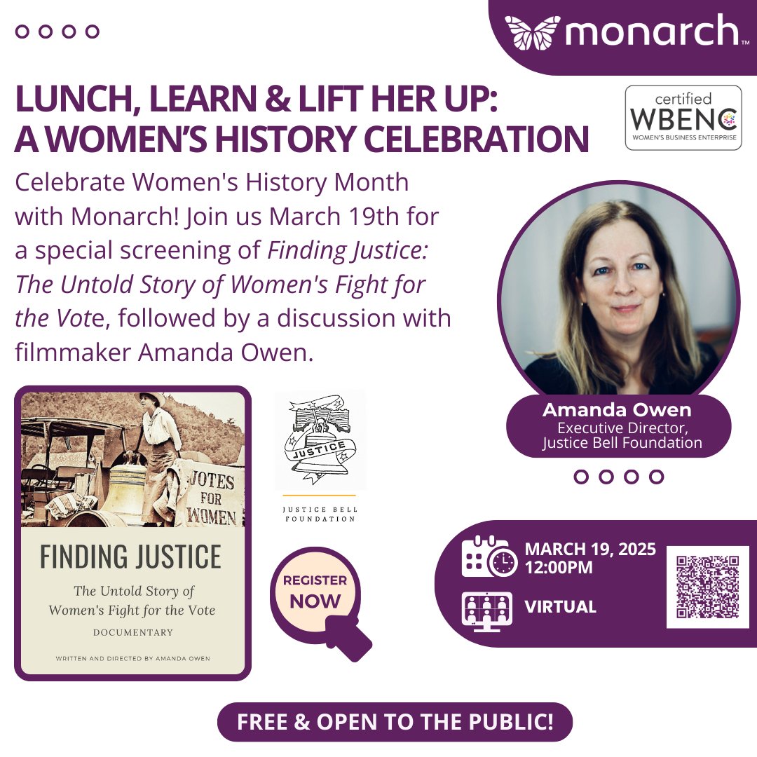 Monarchstaffing's tweet photo. 2 Days to Go! Join us March 19 @ 12 PM for Lunch, Learn &amp; Lift Her Up!

🎬 Finding Justice: The Untold Story of Women's Fight for the Vote screening
🎤 Live Q&amp;A w/ filmmaker Amanda Owen
 
RSVP by 9AM on March 19: https://t.co/QubeNbCcf5

#WomensHistoryMonth #monarchstaffing https://t.co/vl8LwbFIFx