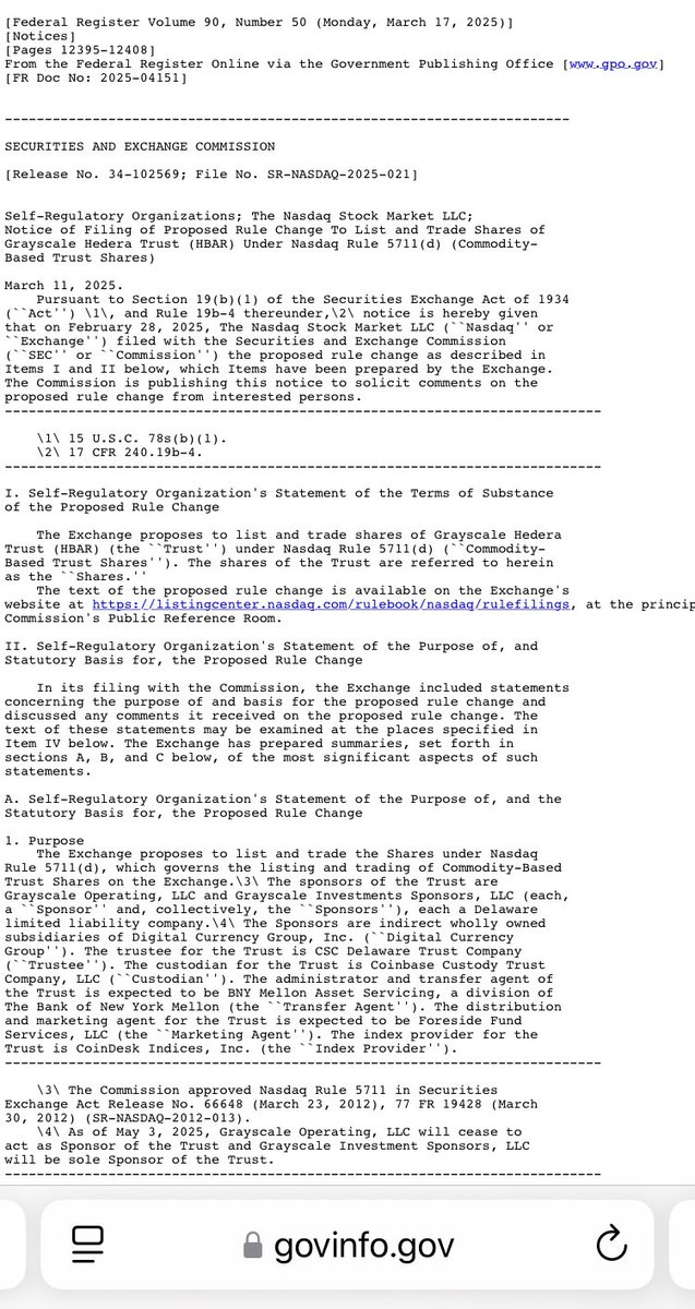markchadwickx's tweet image. 🚨 Breaking: The SEC just published a Federal Register notice (March 17, 2025) for Nasdaq’s Grayscale Hedera Trust (HBAR) ETF proposal!

Here’s the scoop, why it’s a step forward, and what’s behind the process.

What’s This Announcement?

On February 28, 2025, Nasdaq filed a…