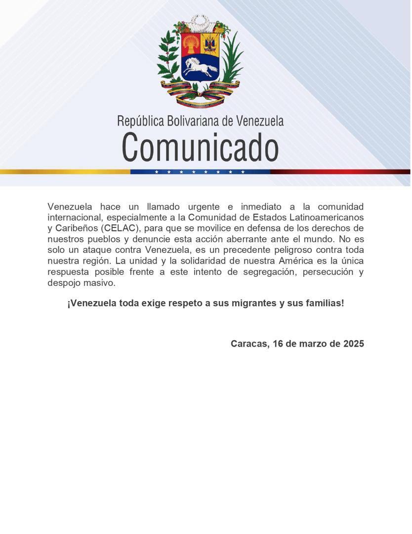 Enérgica respuesta y denuncia de Venezuela ante la criminal acción tomada ayer por Donald Trump contra la migración venezolana, debido al lobby de los miserables coyotes de la Derecha extremista.

Repudio y unión de todo el país frente a esta acción sin precedentes. Todos los