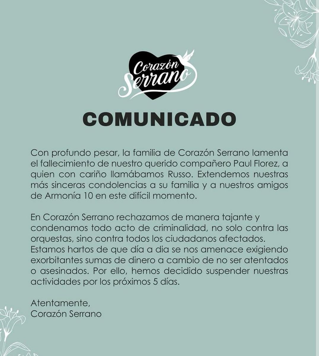 En nuestro país ARMONÍA10, AGUA MARINA Y CORAZÓN SERRANO tienen más seguidores que cualquier partido político en <a href="/congresoperu/">Congreso del Perú 🇵🇪</a>.

Estas tres instituciones de la cumbia SE UNEN y piden respuestas claras <a href="/pcmperu/">Consejo de Ministros</a> y <a href="/MininterPeru/">Ministerio del Interior 🇵🇪</a>.

#PaulFlores