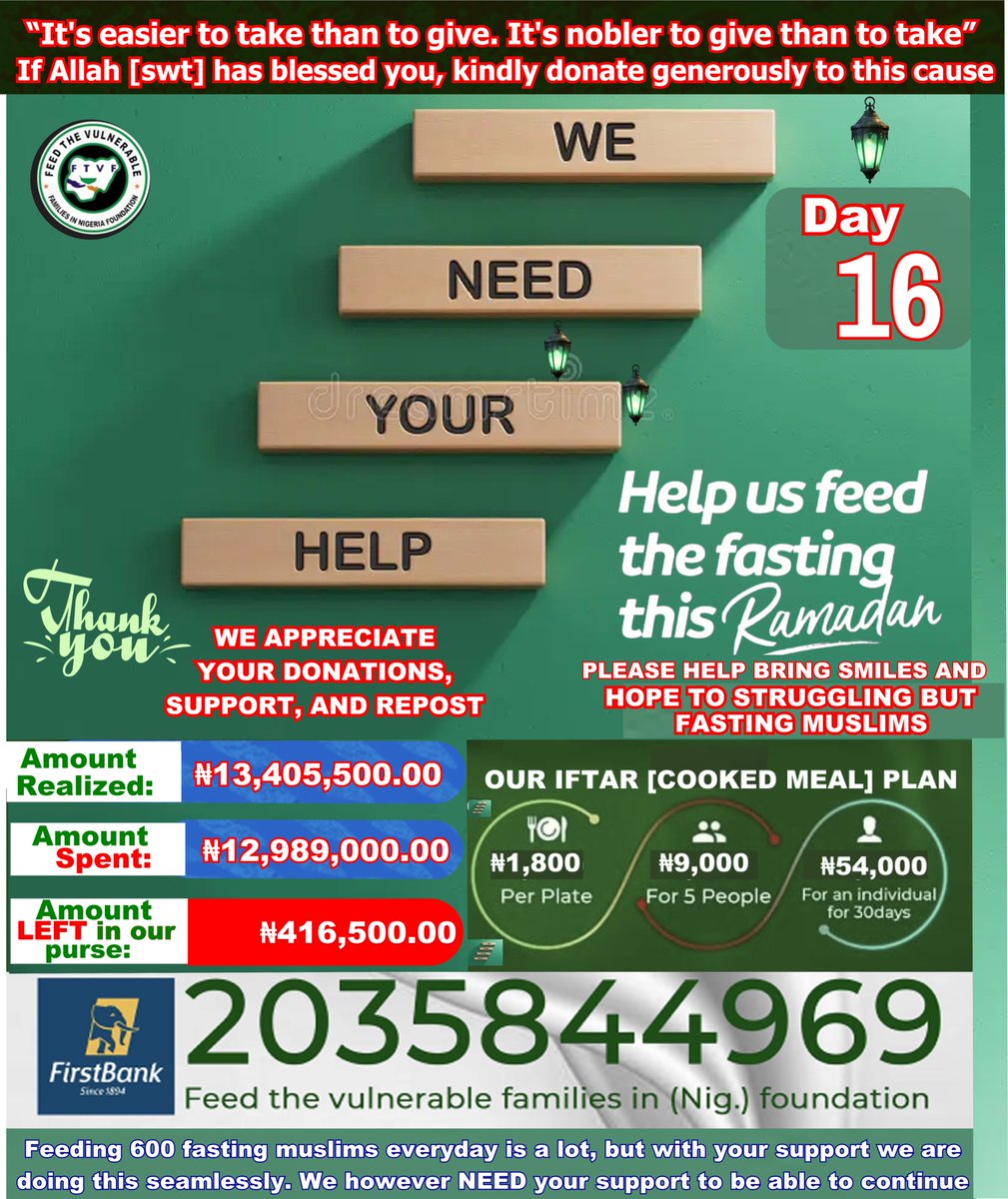 FTVF_Nigeria_F's tweet photo. Donate during these blessed days of Ramadan and help us provide Iftar for the most vulnerable individuals in Nigeria

The one who feed fasting person will receive the same reward as the fasting person, without diminishing the fasting person's reward

Link: https://t.co/h32R9t1X0u https://t.co/kGc8lLRl40