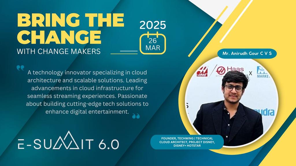 sumvn4's tweet photo. 🚀E-Summit 6.0 Just Got Bigger!
We’re excited to welcome Mr. Anirudh Gour,Founder of Techwing and Technical Cloud Architect behind Disney+Hotstar! 🎬☁️
#ESummit6 #Scalebucks #VaagdeviColleges #CloudComputing #TechLeadership  #Entrepreneurship #DisneyHotstar #Innovation #Techwing https://t.co/utKkSXqdna