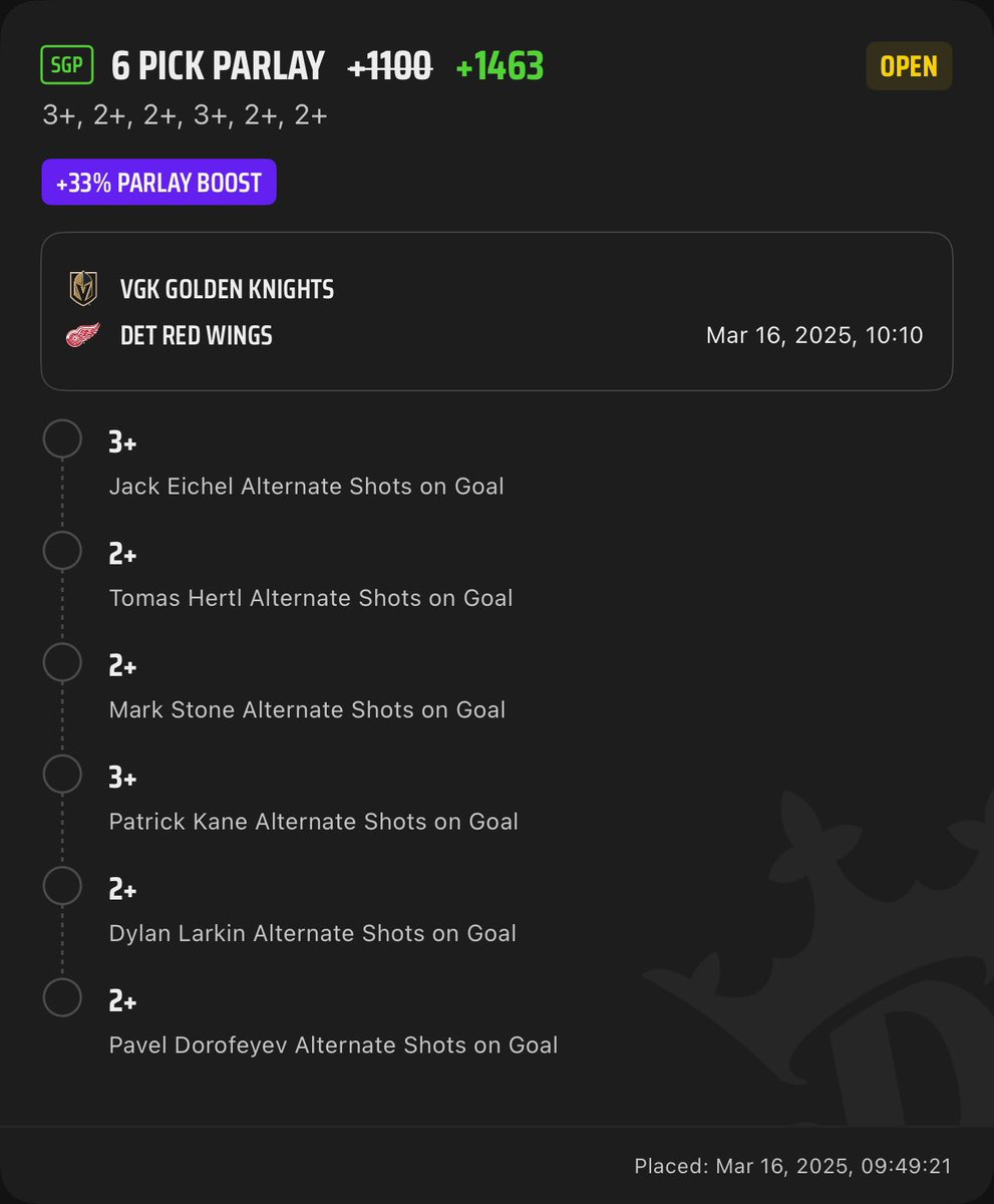B5k3Ezyy's tweet photo. ♠️NHL - 3/16/25♠️

VGK x DET SGP 
DK 33% Boost

Good luck and happy tailing! 
More VIP plays here 👉🏼 https://t.co/EBmHXeS4PU

Powered by 📊 @propsdotcash 

Use code: “K3EZ25” for 25% OFF!
——————————————————————
#GamblingX #SportsBettingX #NHL #gamblingtwitter #freepicks https://t.co/oD1J4eIl85