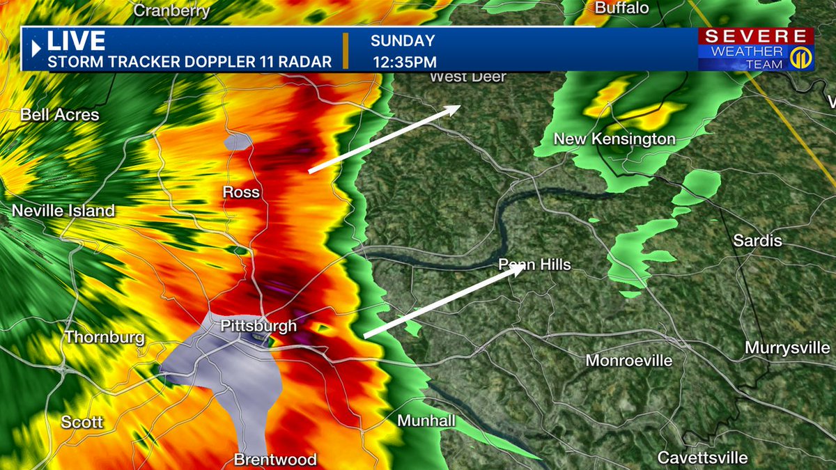 ajukloWPXI's tweet photo. 12:35p: Strongest part of the line going right through the heart of Allegheny county. Numerous reports of hail...and there can be wind gusts over 60 mph. Get inside! https://t.co/sneWwzMUN5